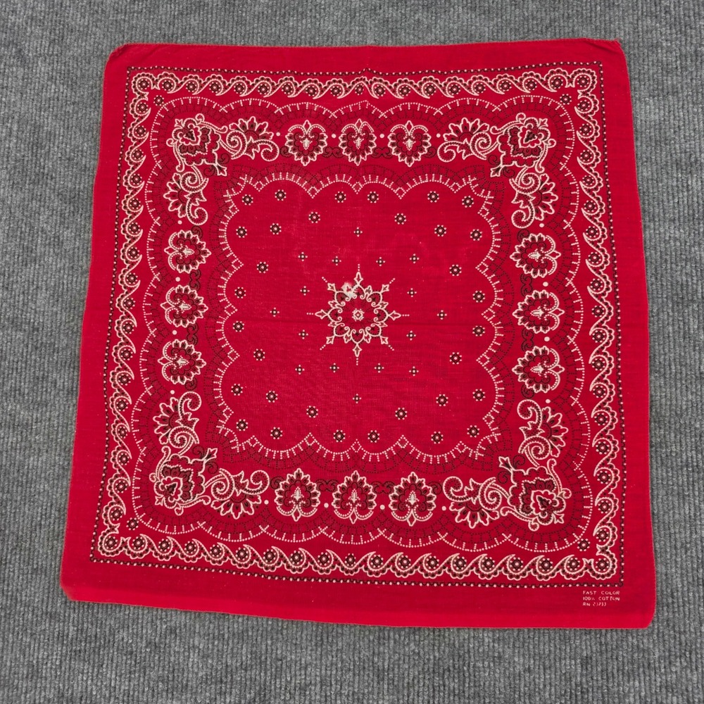 Vintage Fast Color Red Cotton Bandana Paisley Floral RN 23733 Made in USA Scarf